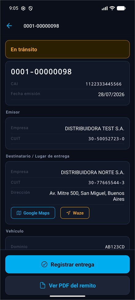 App de Remito Digital: detalle de un remito asignado al conductor