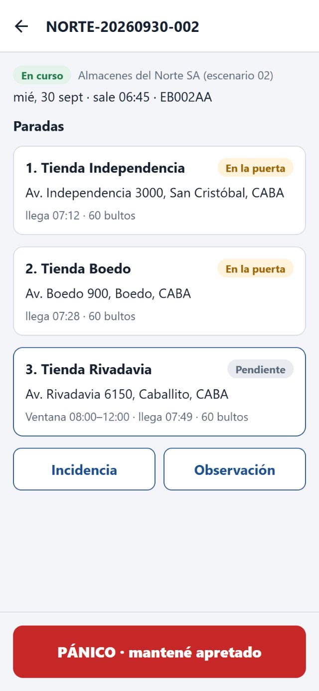 App del conductor del TMS Valbará: el viaje con sus paradas, el estado de cada entrega y el botón de pánico