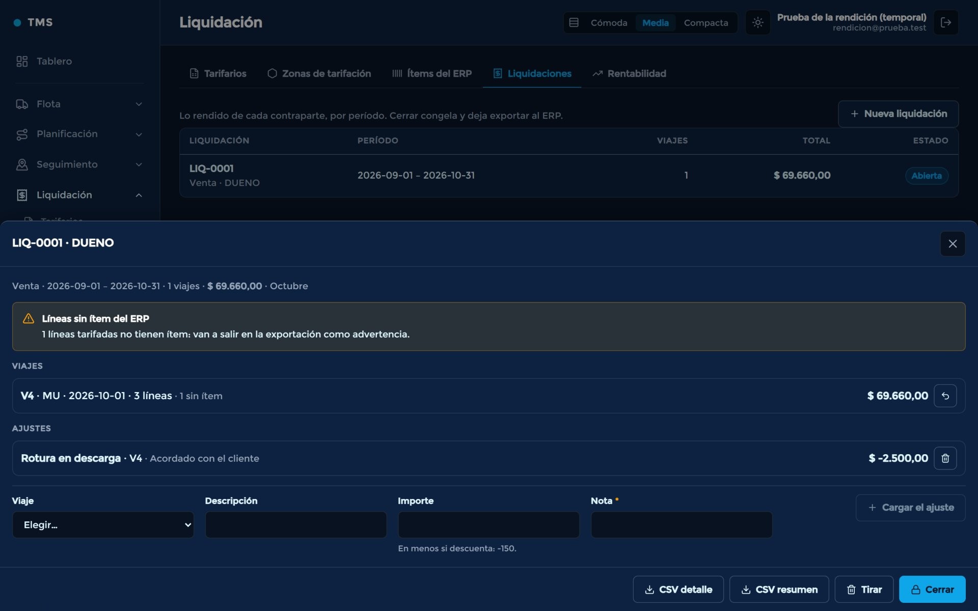 Una liquidación abierta en el TMS Valbará: viajes rendidos, ajustes manuales con nota y exportación a CSV